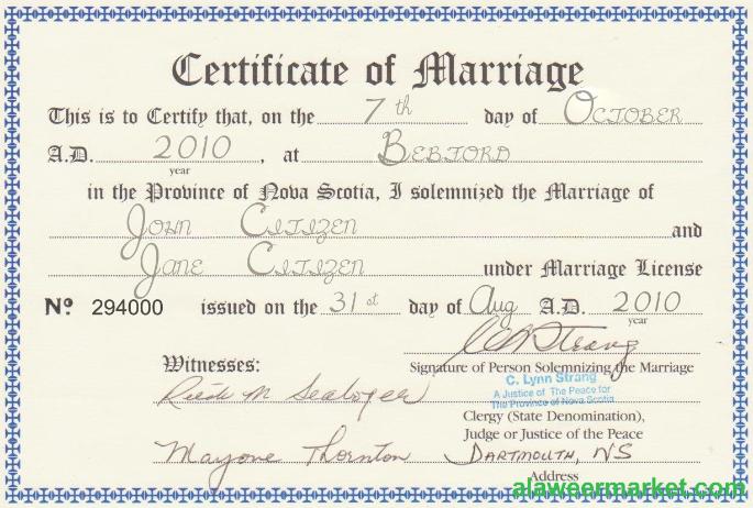 Canada Province of Nova Scotia marriage certificate template in PSD